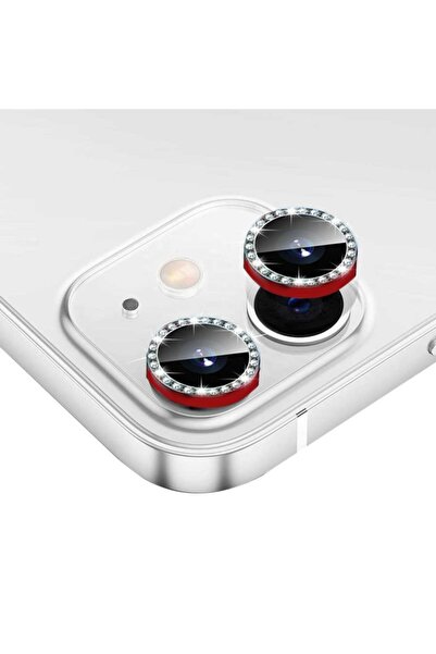 Iphone 11 / Iphone 12 Mini/iphone 12 Uyumlu Kırmızı Taşlı Kamera Lensi Koruma