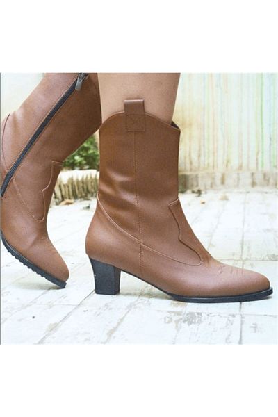 İriadam Size 41,42,43,44 Nr1417 Tan Oiled Leather Western Zippered Large Size Women's Boots