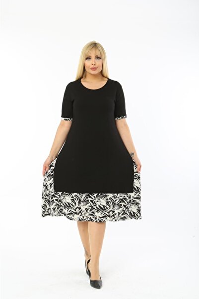 ModaSehle فستان نسائي أسود بمقاسات كبيرة مع تنورة منقوشة بأوراق شجر وأكمام قصيرة