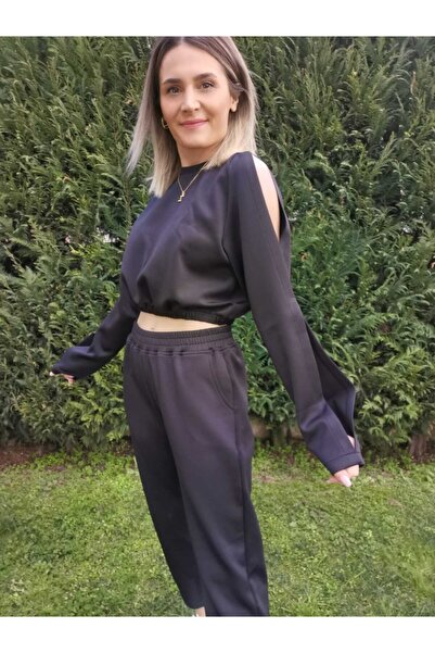 Scuba Yırtmaç Kol Detay Crop Siyah