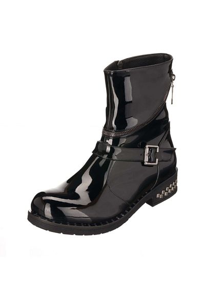 İriadam 41,42,43,44 Nr1523 Black Patent Leather Warm Lining Belt Buckle Stylish Comfortable Large Size Women's Boots