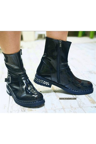 İriadam 41,42,43,44 Nr1523 Black Patent Leather Warm Lining Belt Buckle Stylish Comfortable Large Size Women's Boots