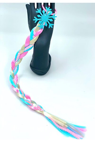 QUEEN AKSESUAR Kar Tanesi Simli Pullu Uzun Örgü Çocuk Postiş Takma Saçlı Last...