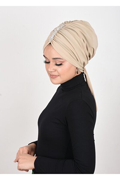 OykumBone Krem Yaprak Taşlı Arkadan Bağlamalı Pratih Hazır Bone