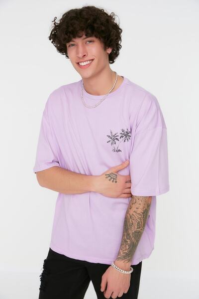 Trendyol Collection Tricou supradimensionat din bumbac cu imprimeu foto liliac - decolteu, mânecă scurtă TMNSS21TS0619