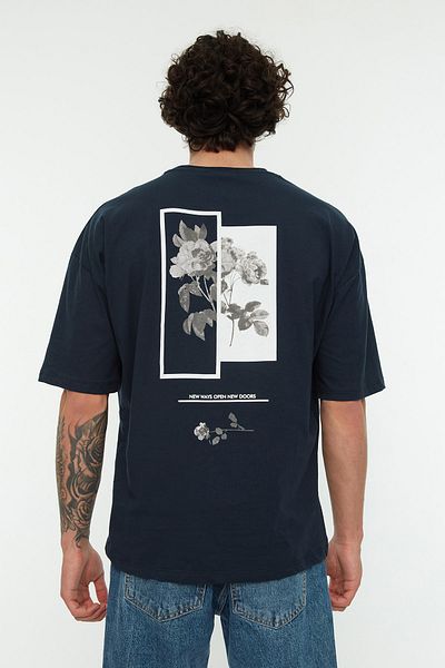 Trendyol Collection Sötétkék virágmintás túlméretezett pamut póló - TMNSS21TS1223