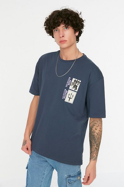 Trendyol Collection Art nyomott sötétkék túlméretes pamut póló - rövid ujjú TMNSS21TS3559