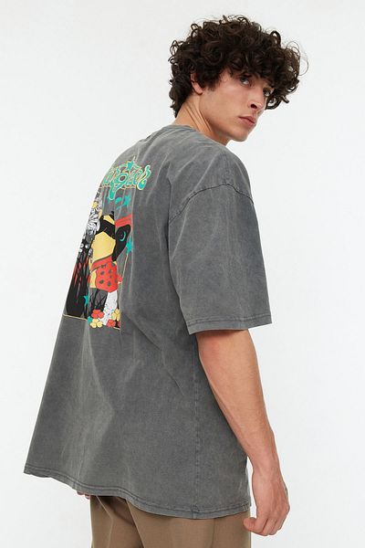 Trendyol Collection Misztikus nyomott antracit túlméretes pamut póló - TMNSS22TS0831