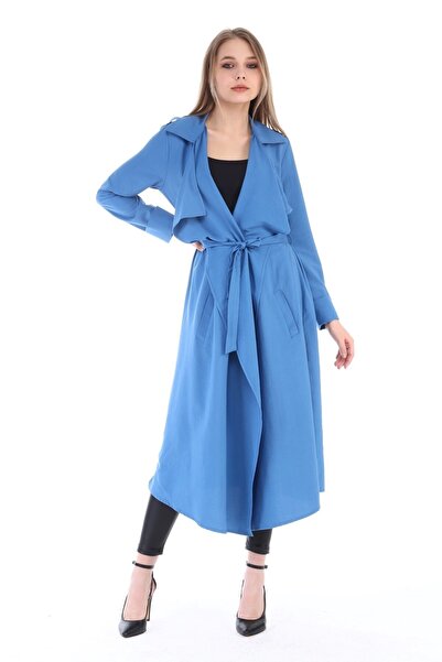 DISENTIS MODEST Довгий жіночий жакет кольору індиго - погон, бокові розрізи т...