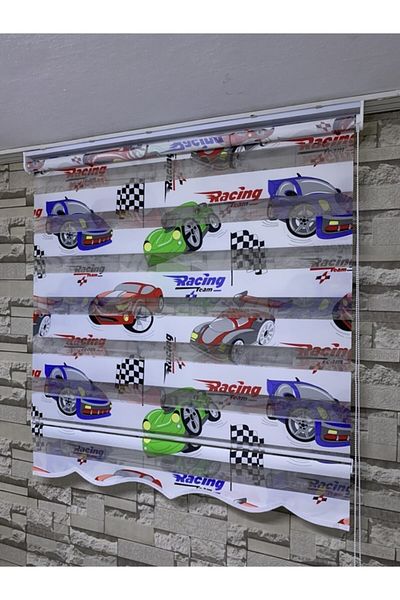 PERDECİNİZ Children's Room Car Printed Zebra Curtain (with Skirt)