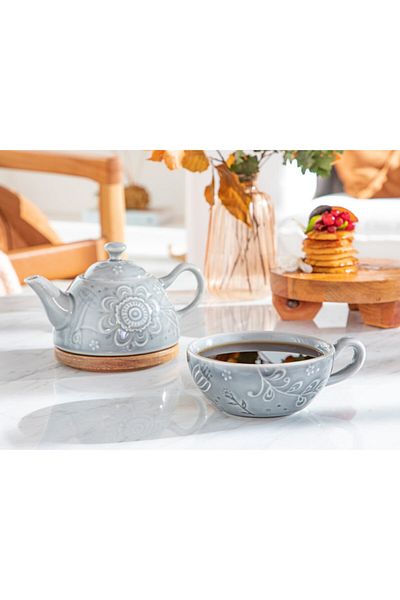 English Home Floral Poem Stoneware Teapot Set 350 ml 250 ml Gray