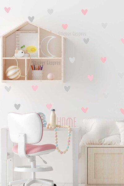 Sticker Ekspres Açık Pembe Açık Gri Asimetrik Kalpler Çocuk Odası Duvar Stick...