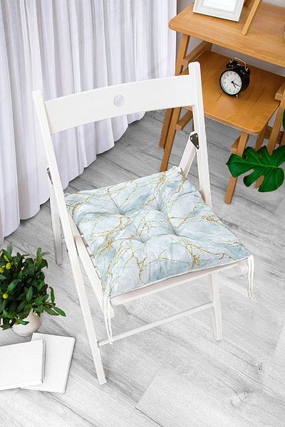 Realhomes Gold Striped Blue Floor Digital Printed Pouf Chair Cushion