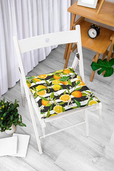 Realhomes Lemon Patterned Fluffy Square Chair Cushion with Striped Black Background