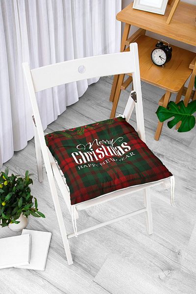Realhomes Merry Christmas Printed Fluffy Square Chair Cushion on Plaid Background