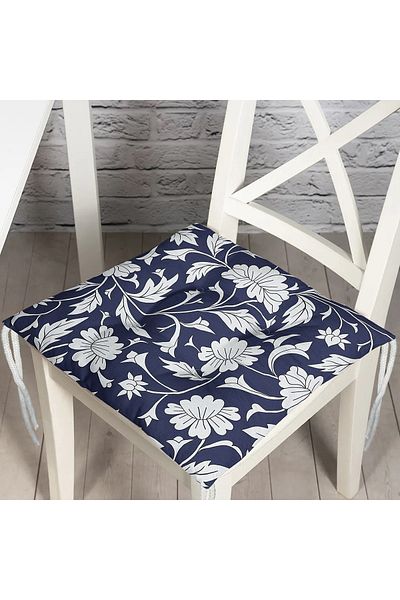 Realhomes Navy Blue Floored Flower Motif Digital Printed Pouf Chair Cushion