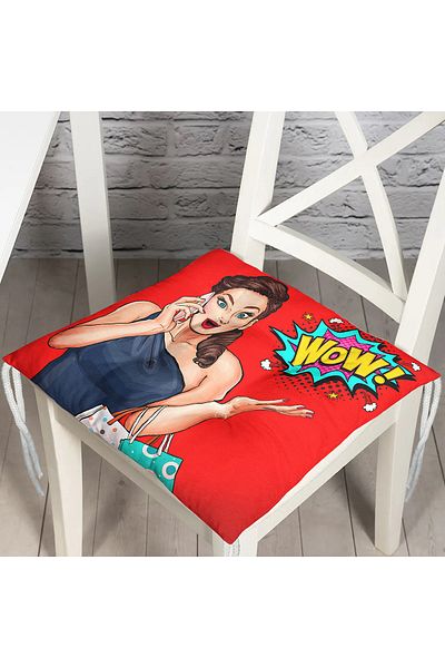Realhomes Popart Wow Patterned Modern Fluffy Chair Cushion with Red Background
