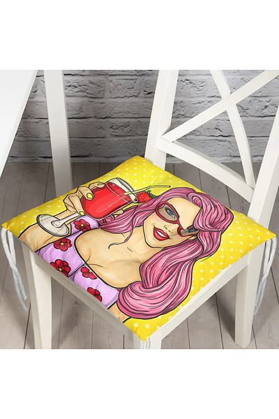 Realhomes Popart Girl Patterned Fluffy Square Chair Cushion with Yellow Background