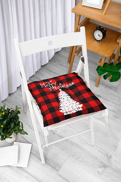 Realhomes Black Red Plaid Patterned Christmas Themed Fluffy Square Chair Cushion