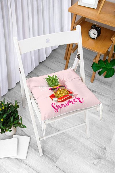 Realhomes Summer Pineapple Patterned Fluffy Chair Cushion with Pink Background