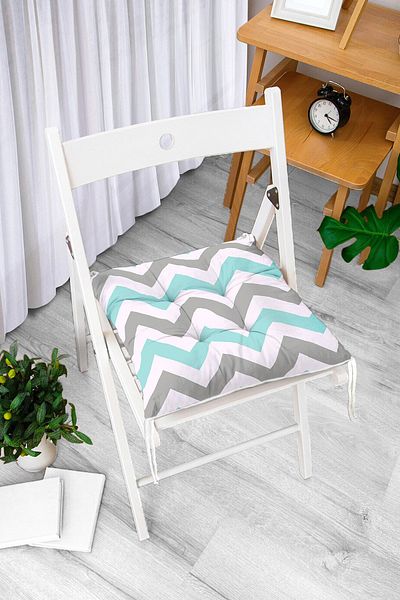 Realhomes Turquoise Gray Zigzag Patterned Digital Printed Modern Pouf Chair Cushion