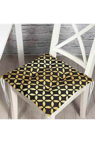 Realhomes Gold Geometric Patterned Fluffy Square Chair Cushion on Black Background