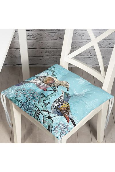 Realhomes Blue Bird Patterned Digital Printed Fluffy Square Chair Cushion