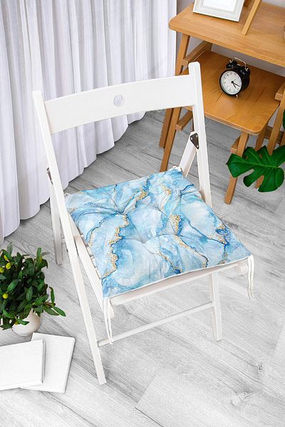 Realhomes Blue Colored Marble Patterned Digital Printed Fluffy Chair Cushion