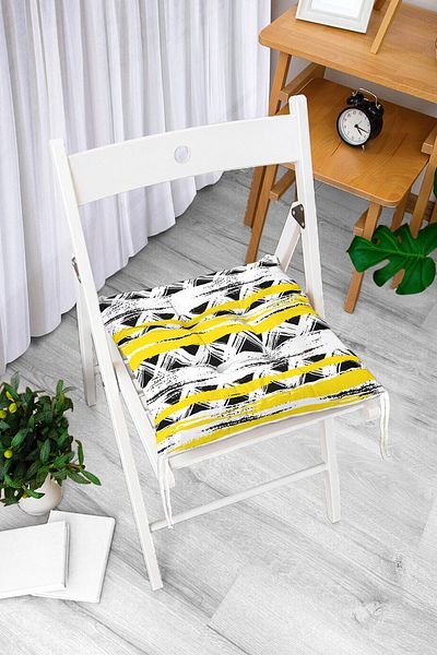 Realhomes Yellow Black Triangle And Stripes Patterned Fluffy Square Chair Cushion