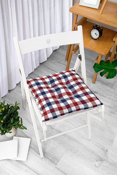 Realhomes Claret Red Navy Blue Plaid Patterned Fluffy Square Chair Cushion