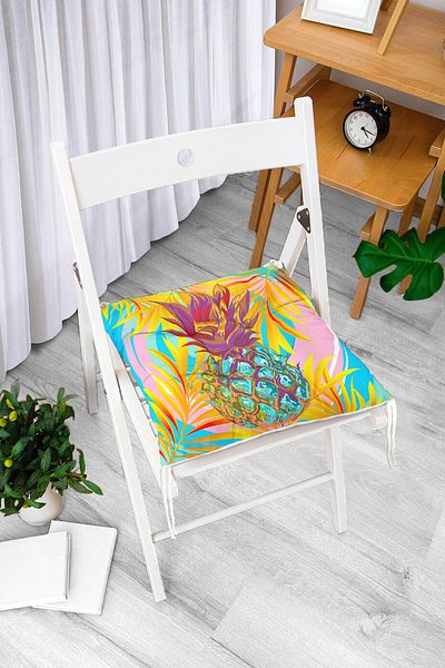 Realhomes Modern Fluffy Chair Cushion with Colorful Leaf Floor and Pineapple Detail