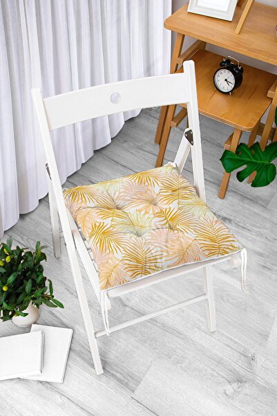 Realhomes Altın Çizim Yaprak Desenli Özel Tasarım Pofidik Sandalye Minderi