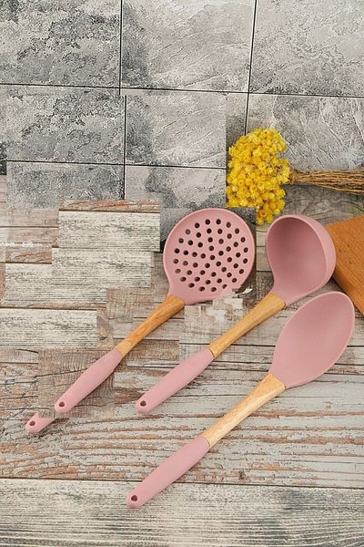 COOKCASE Pink Silicone Kitchen Serving Spoon and Colander Ladle Set - Bamboo Handle