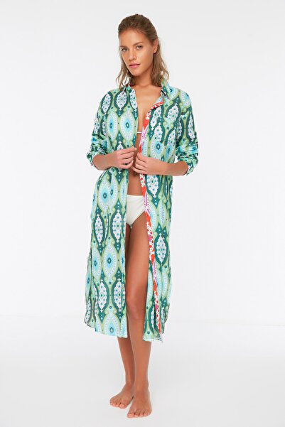 Trendyol Collection Green Ethnic Printed Long Voile Beach Kimono&Beach Kaftan TBESS20KM0017
