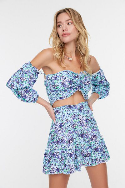 Trendyol Collection Kék virágmintás viszkóz strand alsó-felső öltöny TBESS21AU0539