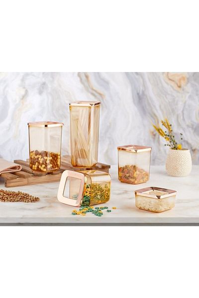 VİP AHMET Copper Cover Vacuumed Set of 5 Square Storage Containers Transparent
