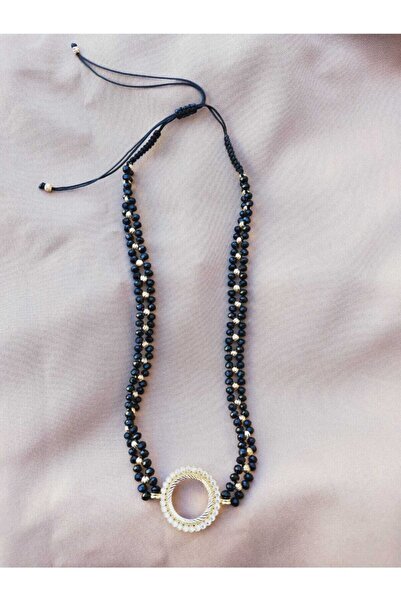 GEZERGOLD TAKI Çeyrekli Kolye Incili Zirkon Taşlım Makrome Ipli 55cm Siyah