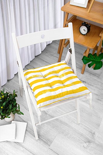 Realhomes Sarı Çizgili Motifli Dekoratif Modern Pofidik Sandalye Minderi