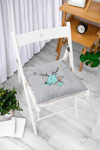 Realhomes Baby Room Puffy Chair Cushion with Blue Deer Drawing on Gray Background