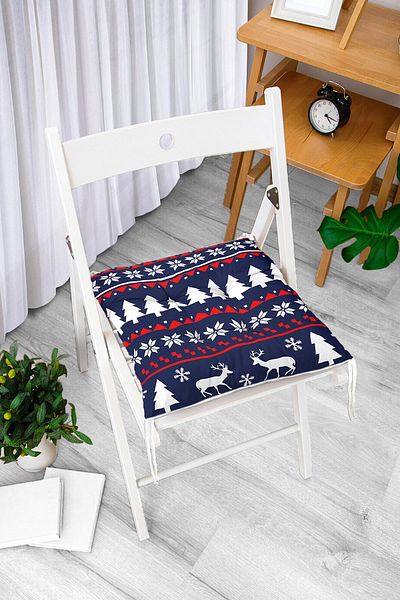 Realhomes Navy Blue Floored Tree and Deer Patterned Fluffy Square Chair Cushion