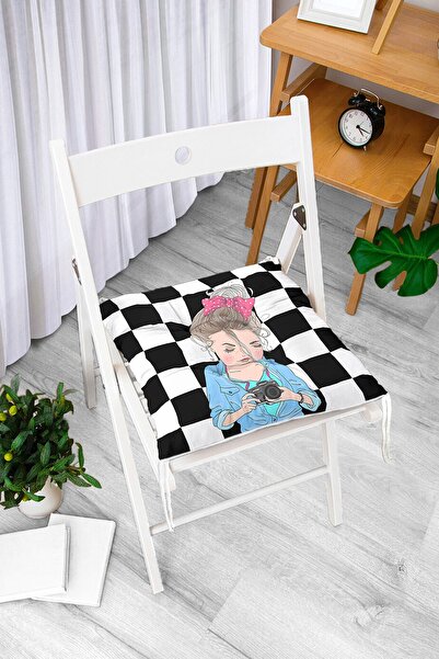 Realhomes Pernă de scaun cu puf modern imprimată digital cu podea de șah Fată...