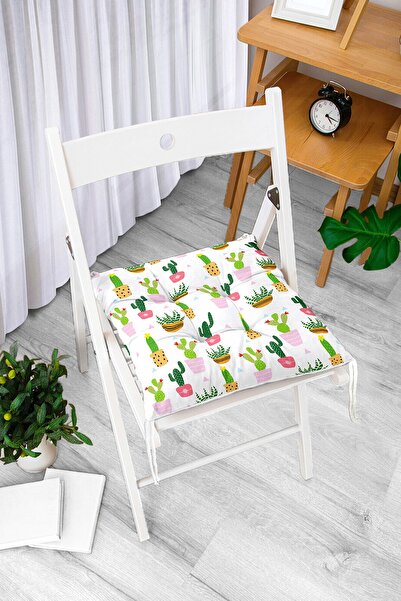 Realhomes Minik Kaktüs Tasarımlı Dijital Baskılı Modern Pofidik Sandalye Minderi