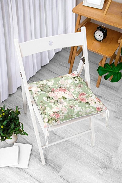 Realhomes Renkli Zemin Üzerinde Beyaz Çiçek Desenli Dijital Baskılı Modern Pofidik Sandalye Minderi