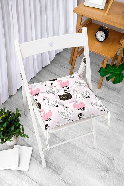 Realhomes Digital Printed Fluffy Chair Cushion with Swan Picture and Pink Background