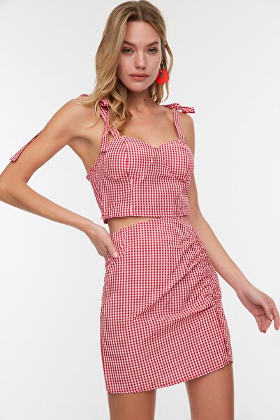 Trendyol Collection Red Gingham Lacing Detailed Woven Bottom Top Beach Suit Tbess21Au0091