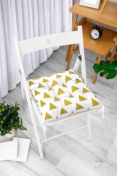 Realhomes Digital Printed Modern Pouf Chair Cushion with Gold Triangle Detail on White Background
