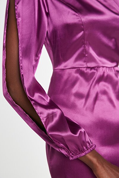 Trendyol Collection Rochie de seară elegantă din satin cu o singură mânecă violet TPRSS22EL1315