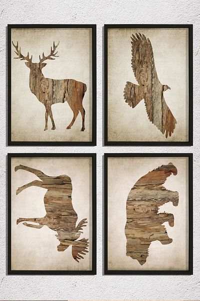Dekor Loft Set de 4 tablouri de perete cu cadru de pin natural, artă de perete cu animale din America de Nord