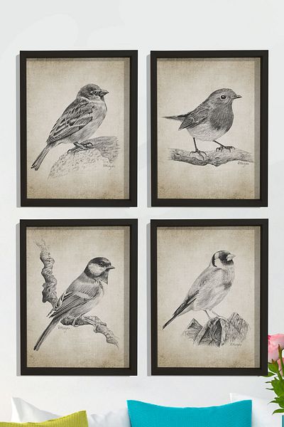 Dekor Loft Set de 4 picturi murale cu rame din pin natural