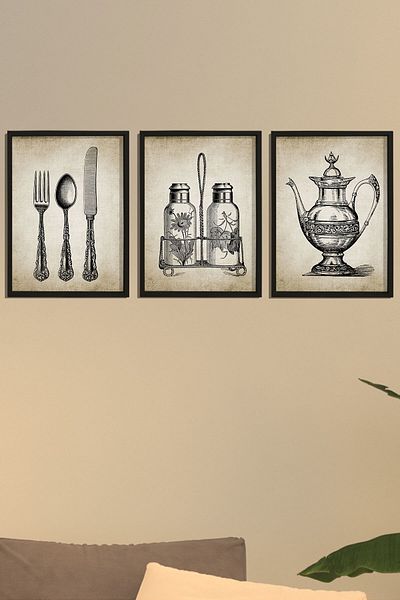 Dekor Loft Pictură de perete de bucătărie cu cadru de pin natural ustensile de bucătărie antice